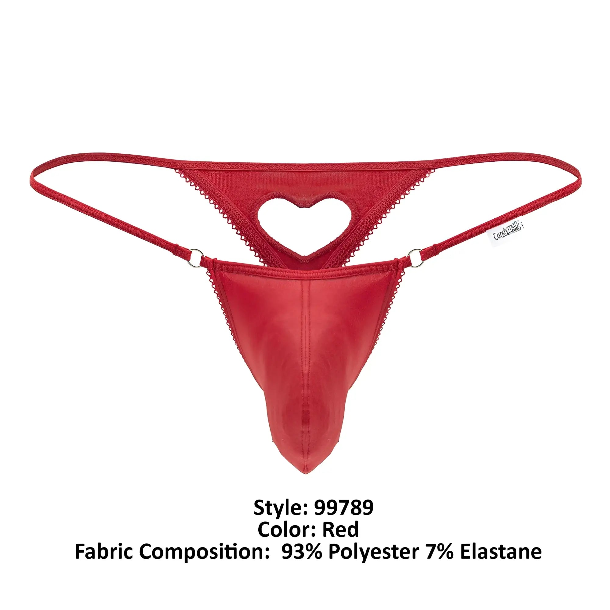 Red thong candyMan 99789 with heart-shaped cutout scalloped edges made from 93 polyester 7 elastane