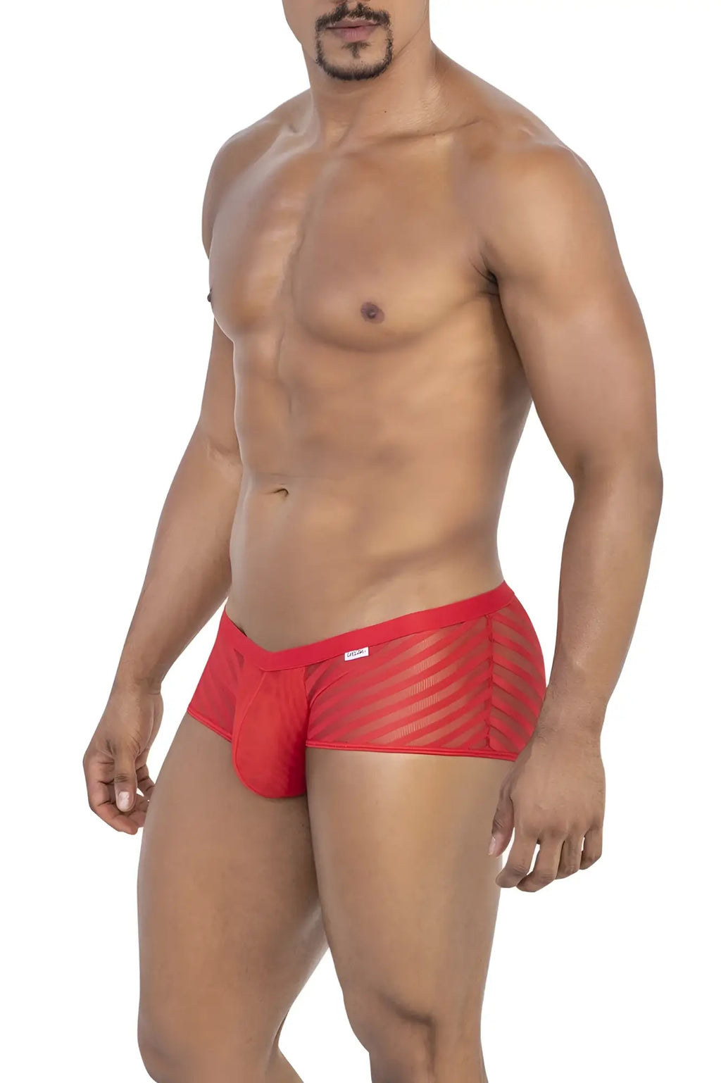 Red mesh briefs with diagonal striped pattern from candyman 99790 mesh trunks in vibrant red color