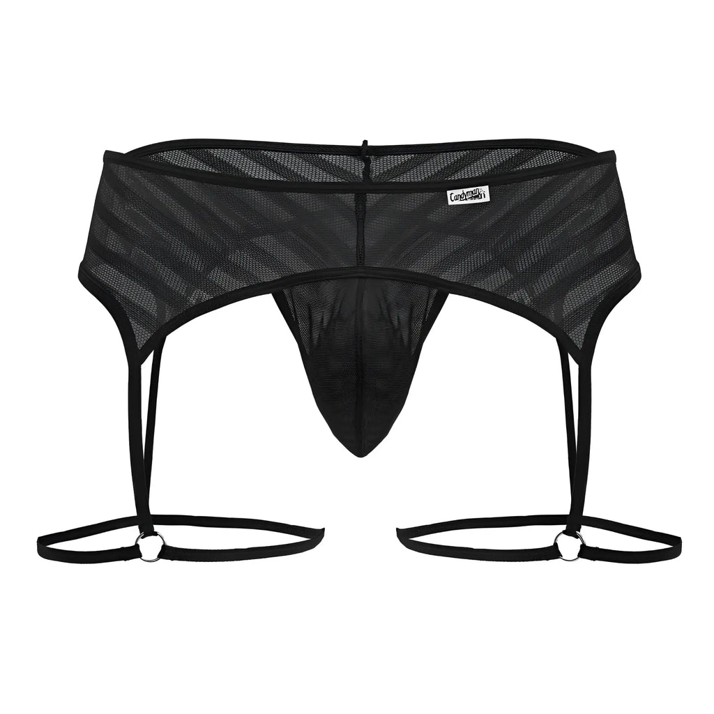CandyMan 99792 black mesh men’s garter belt with diagonal striped pattern and adjustable straps