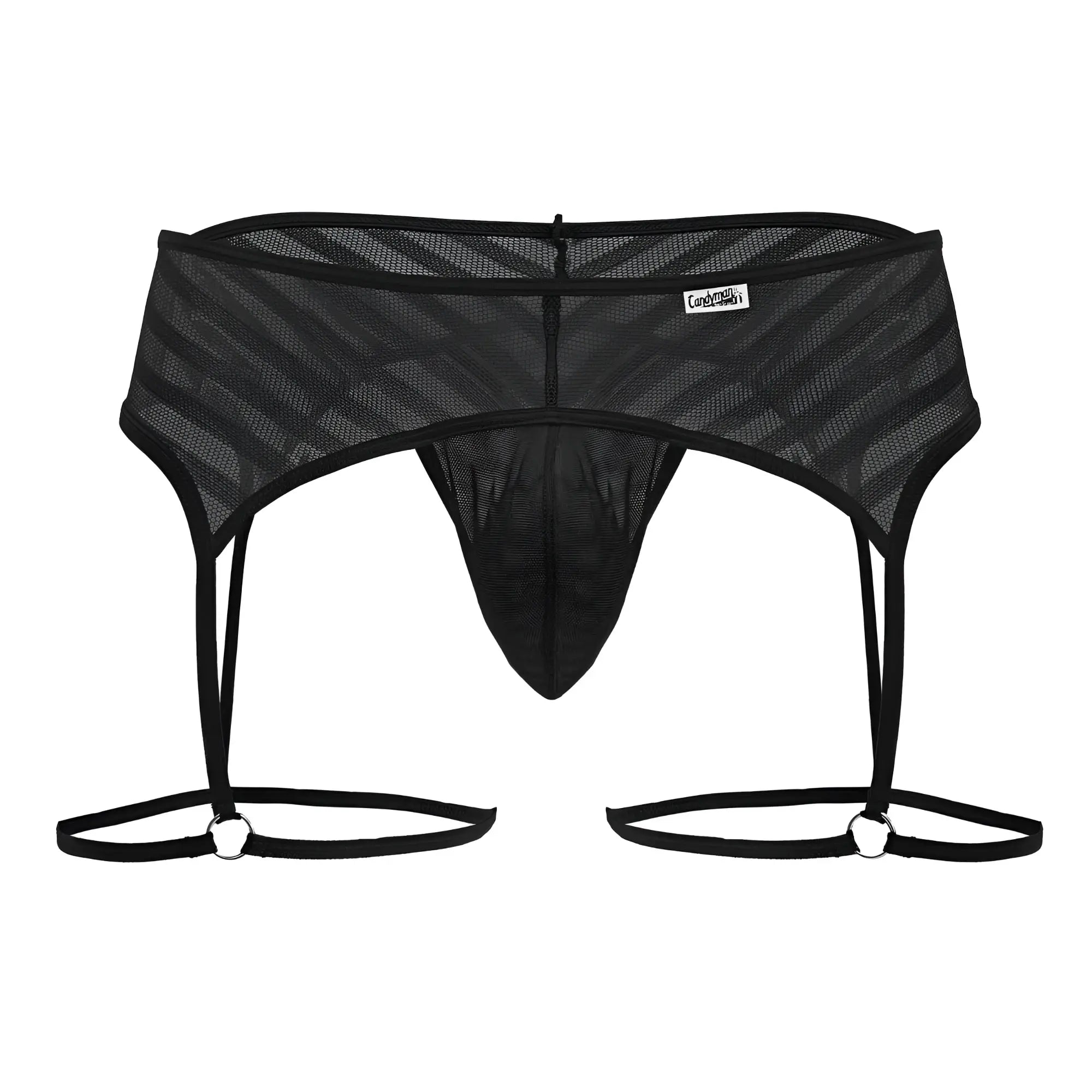 CandyMan 99792 black mesh men’s garter belt with diagonal striped pattern and adjustable straps