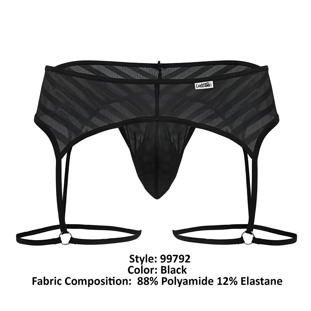 Black mesh men’s garter belt CandyMan 99792 with diagonal striped pattern and adjustable straps in black