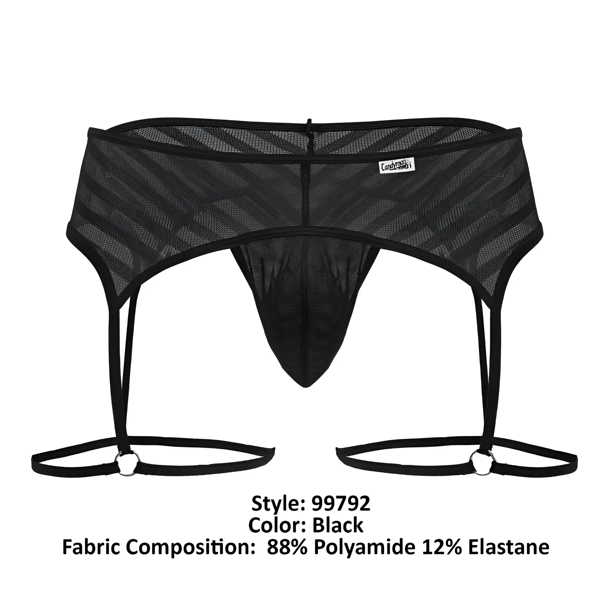 Black mesh men’s garter belt CandyMan 99792 with diagonal striped pattern and adjustable straps in black