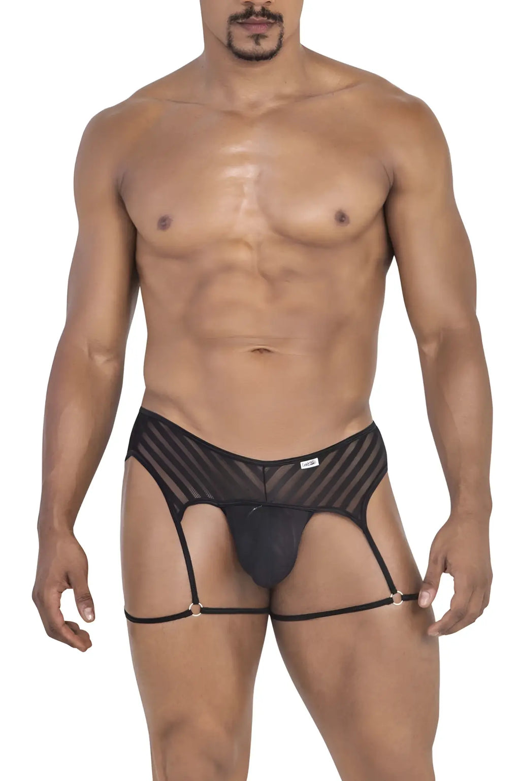 Black CandyMan 99792 mesh garter thongs featuring supportive strappy design with black mesh and solid fabric briefs