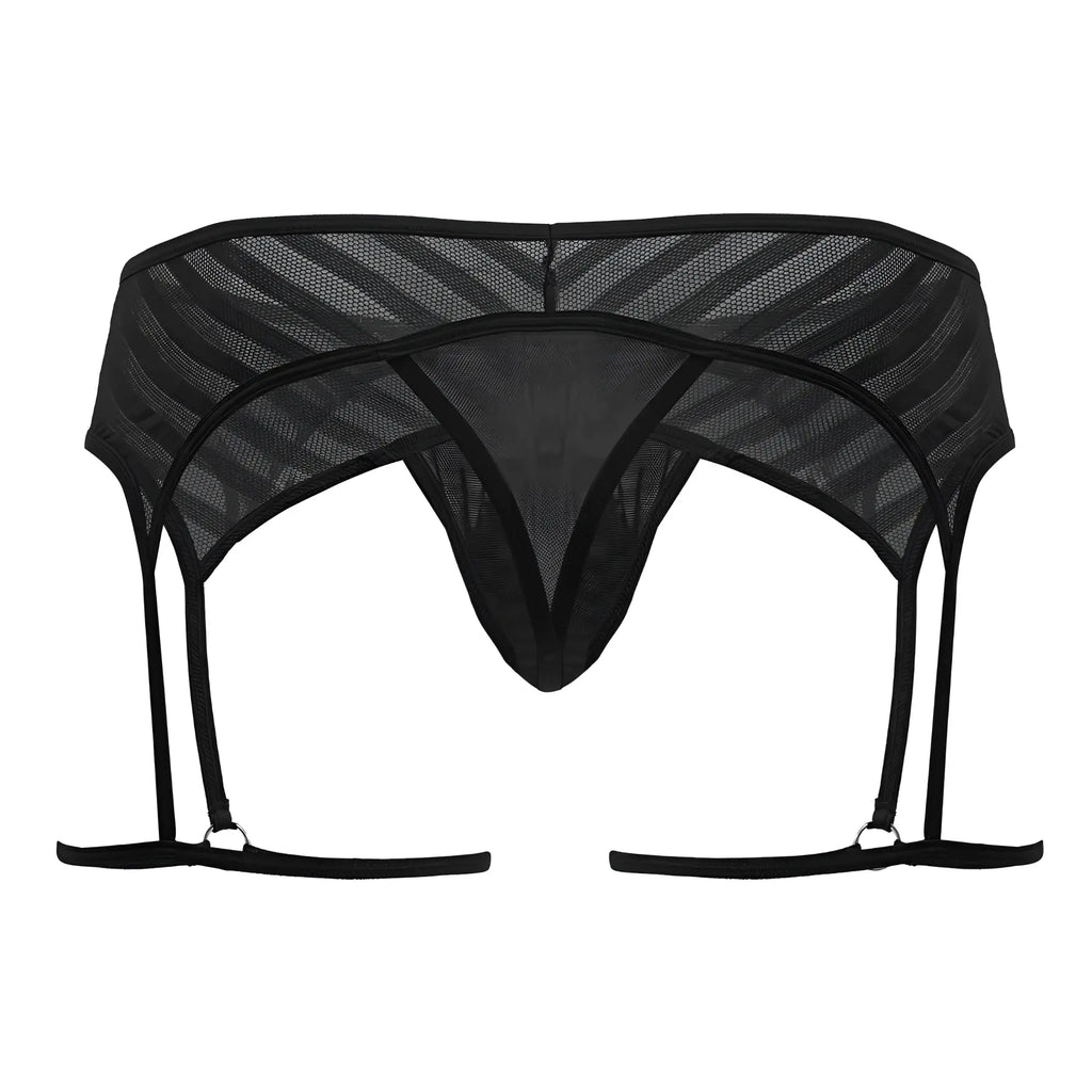 Black mesh CandyMan 99792 garter thong with four adjustable straps and central triangular design front view
