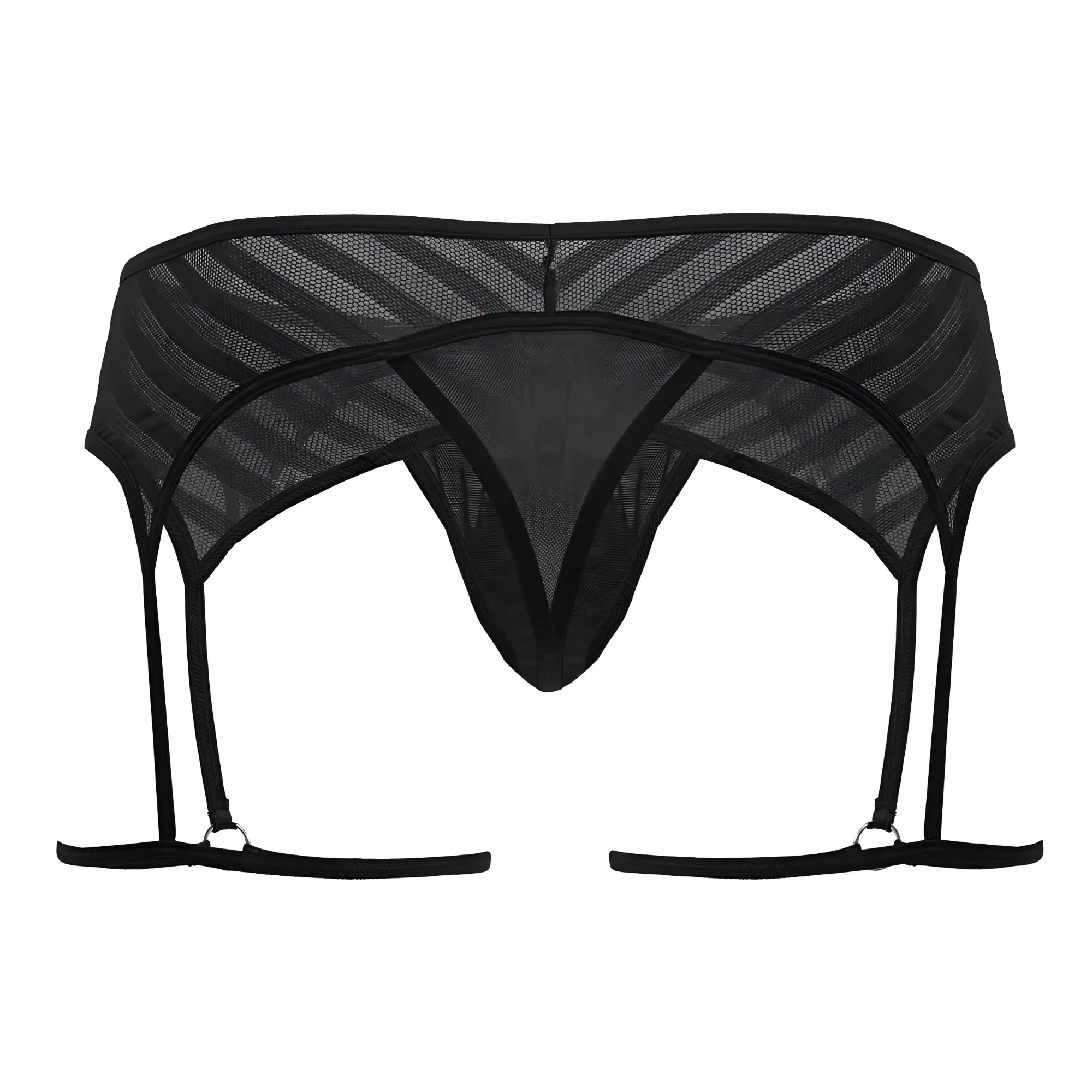 Black mesh CandyMan 99792 garter thong with four adjustable straps and central triangular design front view