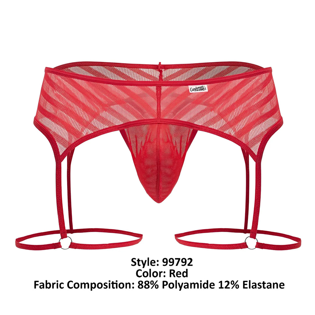 Red mesh garter belt with diagonal stripes and adjustable straps from candyman 99792 garter thongs in red