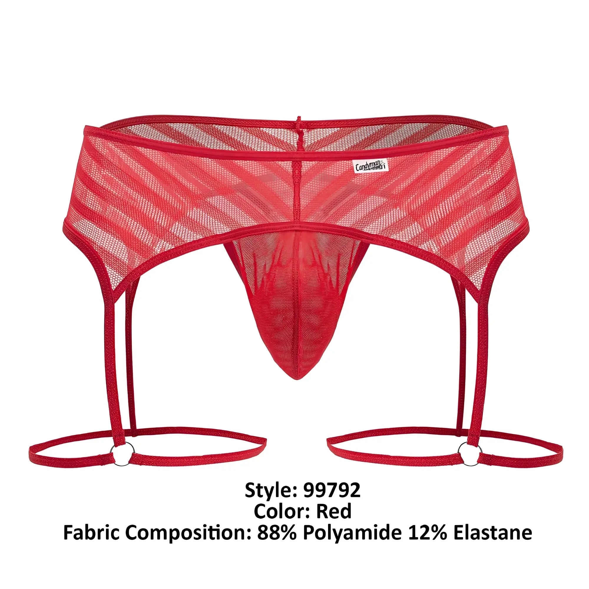Red mesh garter belt with diagonal stripes and adjustable straps from candyman 99792 garter thongs in red