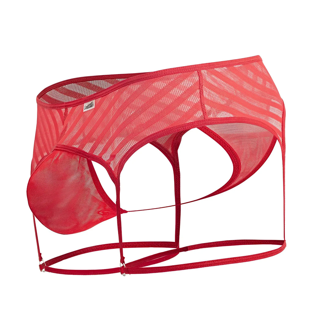 Red mesh garter thongs by candyman 99792 with diagonal pattern and supportive straps in vibrant red color