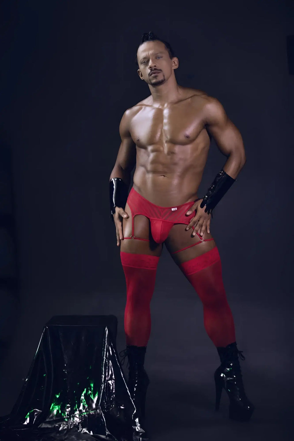 Red lace-trimmed high-waisted briefs with matching thigh-high stockings and black patent leather gloves by candyman
