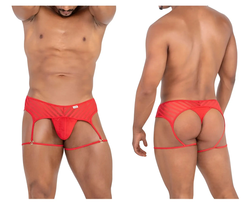 CandyMan 99792 red sheer mesh men’s briefs with garter straps and central pouch for a bold look