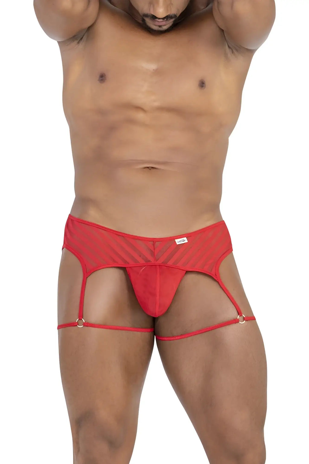 Red mesh briefs with a solid red front panel and adjustable leg straps from candyman 99792 mesh garter thongs