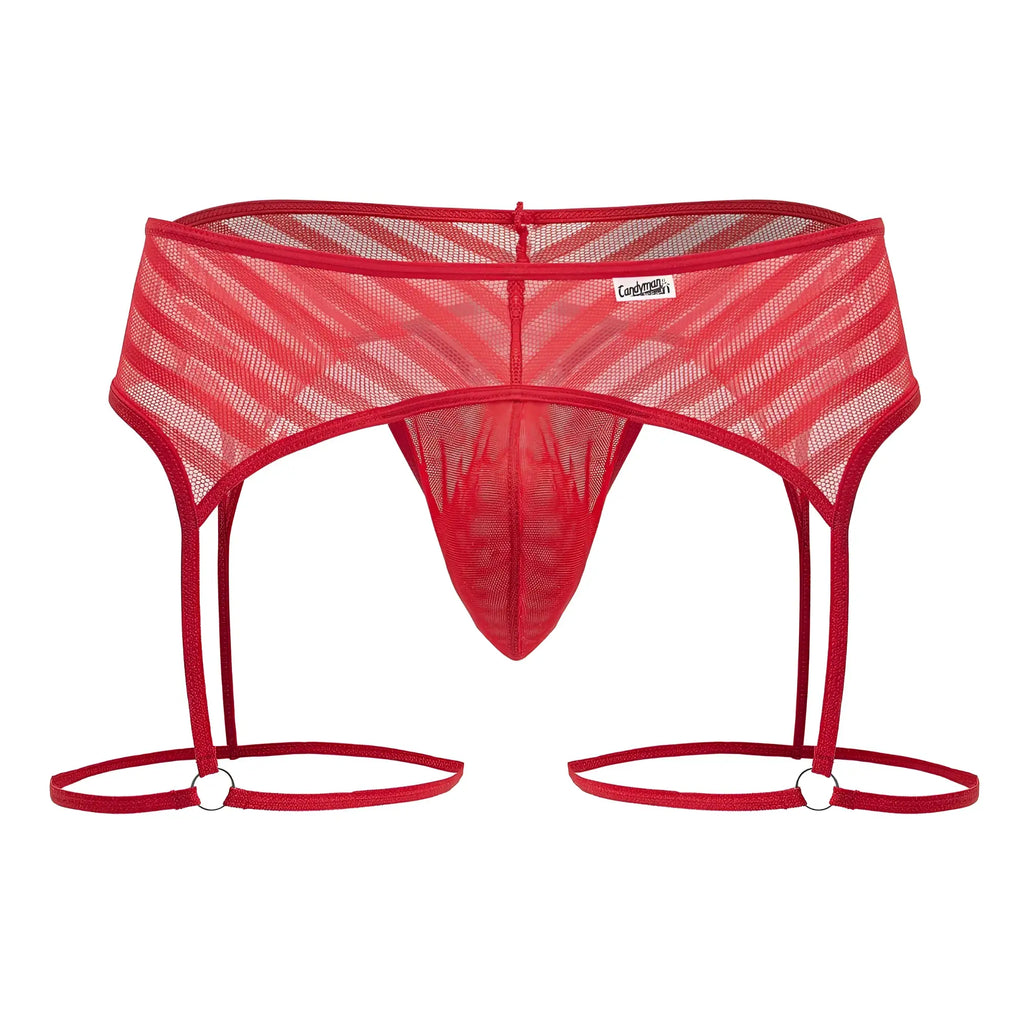 Red mesh CandyMan 99792 garter thong with diagonal striped pattern and adjustable straps shown from the back side