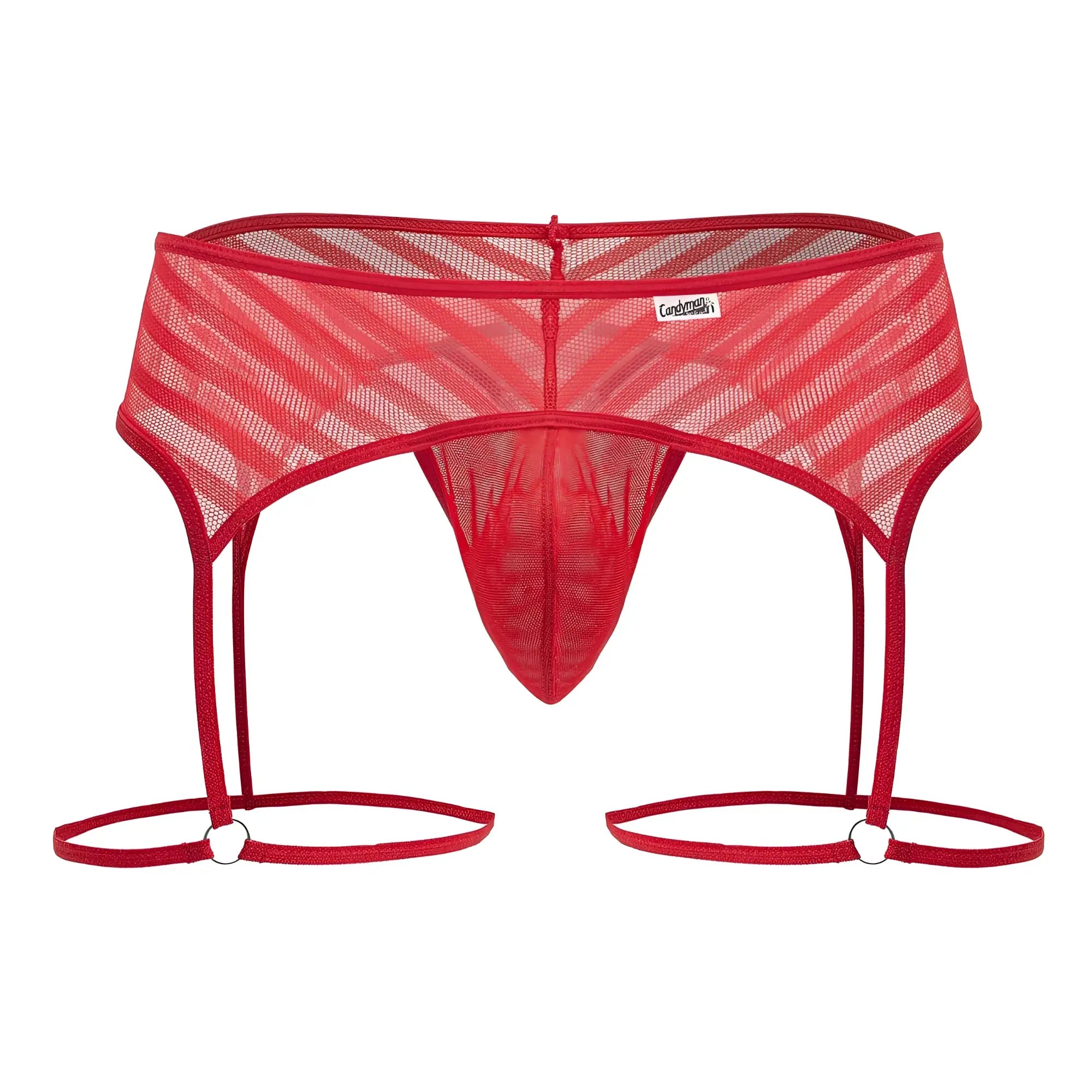 Red mesh CandyMan 99792 garter thong with diagonal striped pattern and adjustable straps shown from the back side