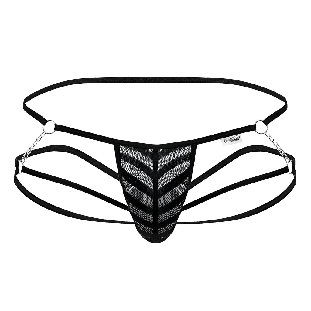 Black mesh CandyMan 99793 jock thong with chevron pattern, adjustable straps, and silver chain accents