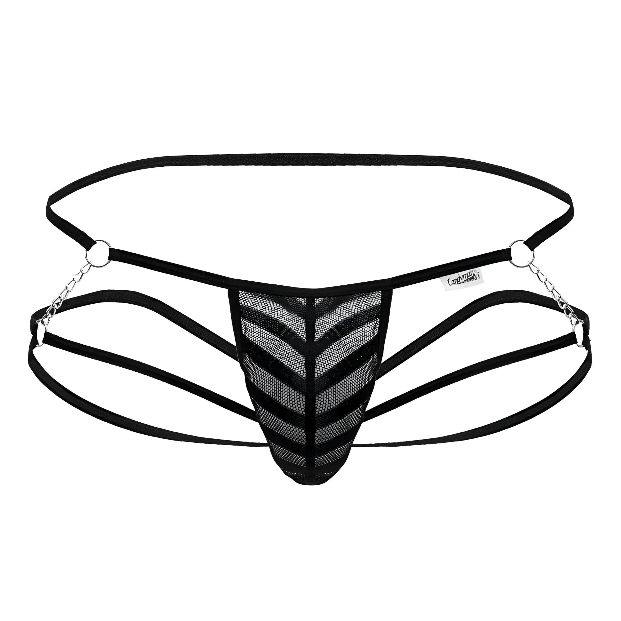 Black mesh CandyMan 99793 jock thong with chevron pattern, adjustable straps, and silver chain accents