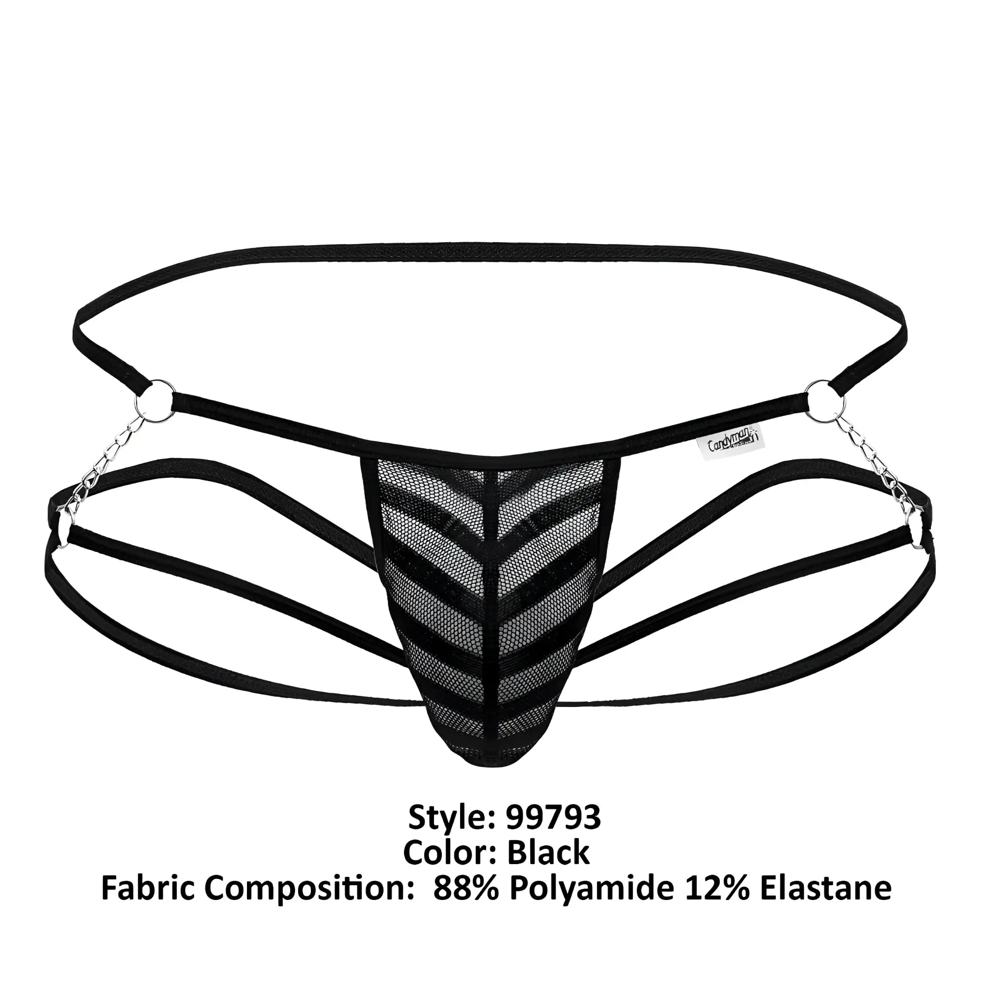 Black mesh jock thong with chevron pattern and silver chain detailing by candyman model 99793