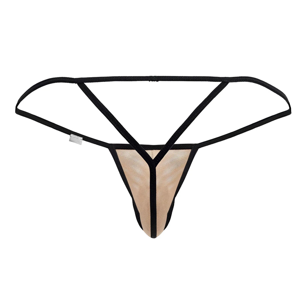 Beige candyman 99795 mesh g-string thong with black supportive crisscross design shown from the back side