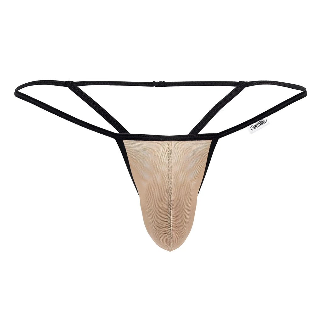 Black and beige mesh CandyMan 99795 g-string thong with supportive contoured design shown from the back side
