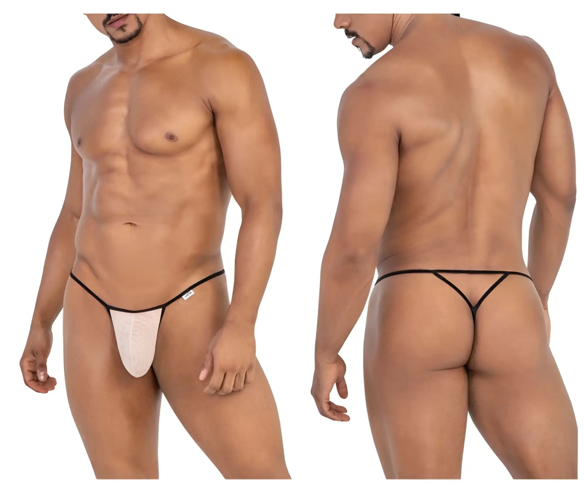Black and white CandyMan 99795 mesh G-string thong with thin supportive design shown from the back side