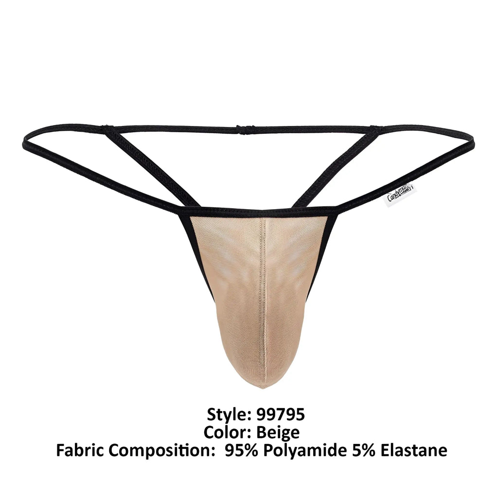 Beige CandyMan 99795 mesh g-string thong with black elastic straps and branded tag shown from the back side