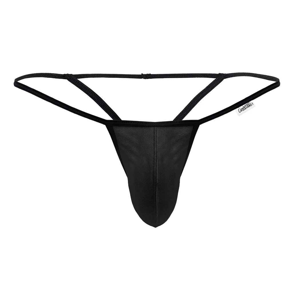 Black candyMan 99795 mesh g-string thong with thin adjustable waistband and reinforced stitching shown from the back