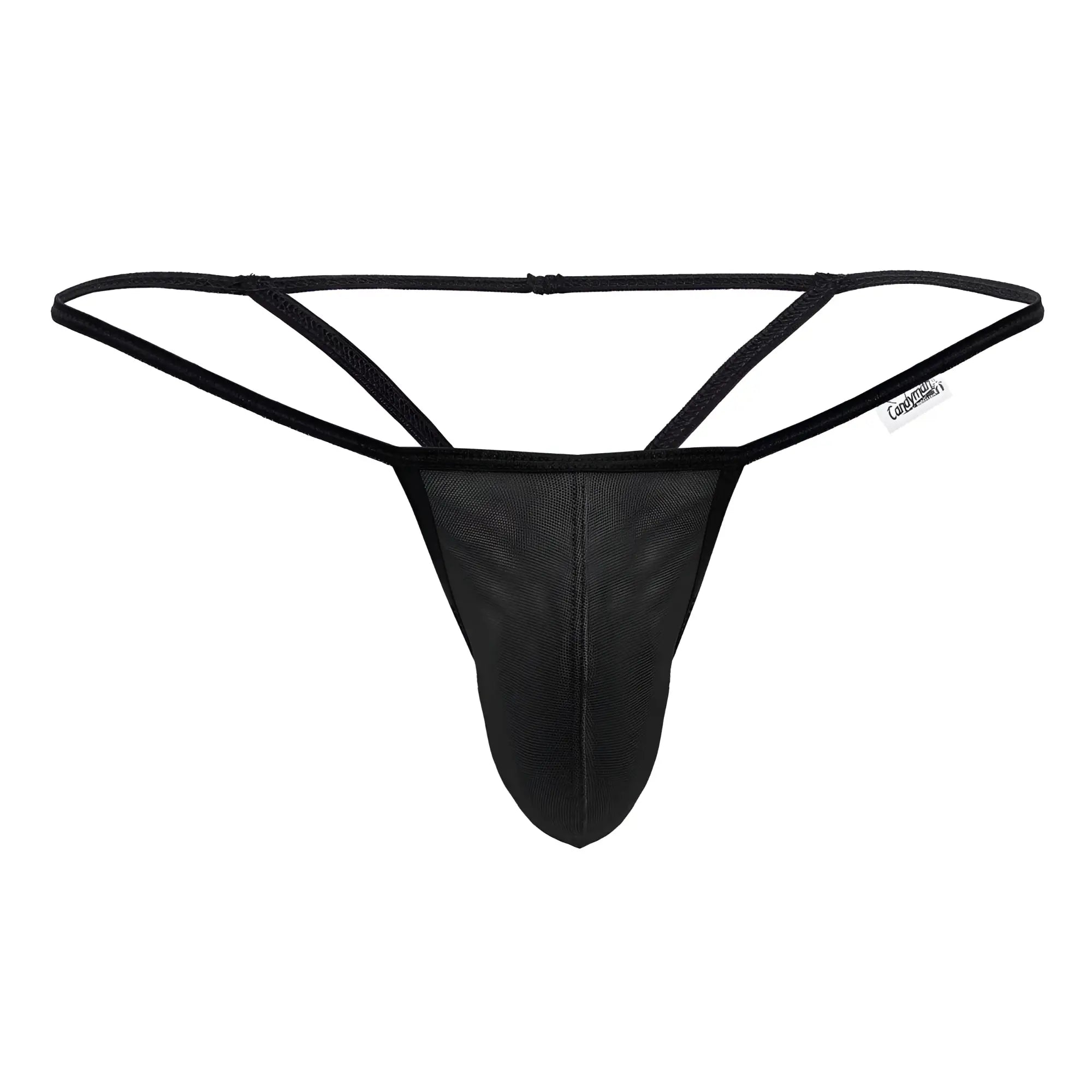Black candyMan 99795 mesh g-string thong with thin adjustable waistband and reinforced stitching shown from the back