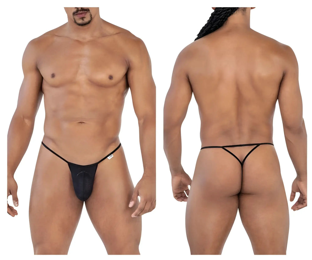 Black CandyMan 99795 mesh G-string thong with smooth, form-fitting design and thin elastic straps shown from the back