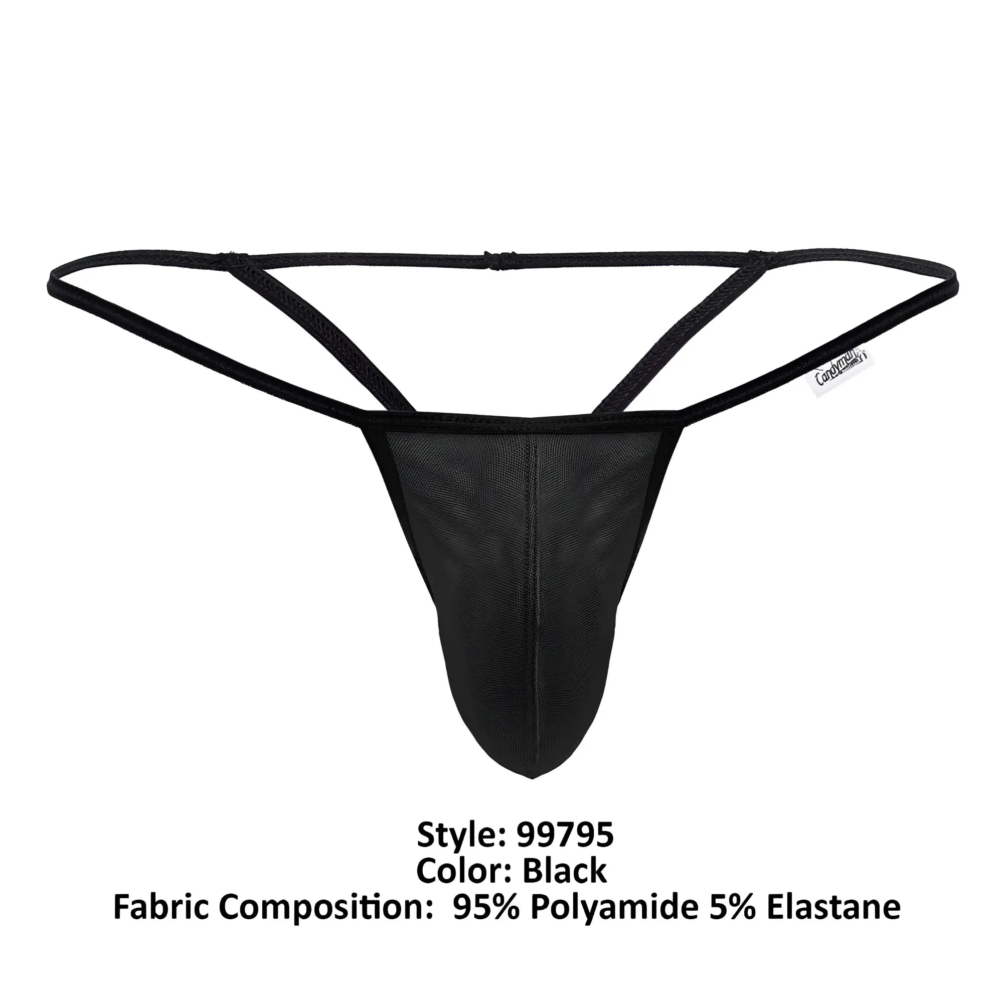 Black mesh thong CandyMan 99795 with supportive contoured design and thin elastic straps shown from the back side