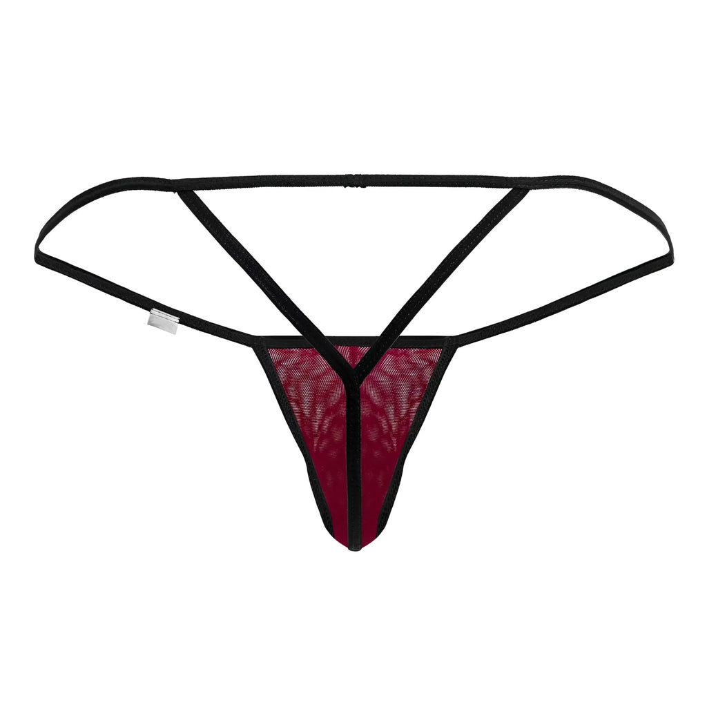 CandyMan 99795 mesh g-string thong in black and burgundy lace with mesh design showing front view