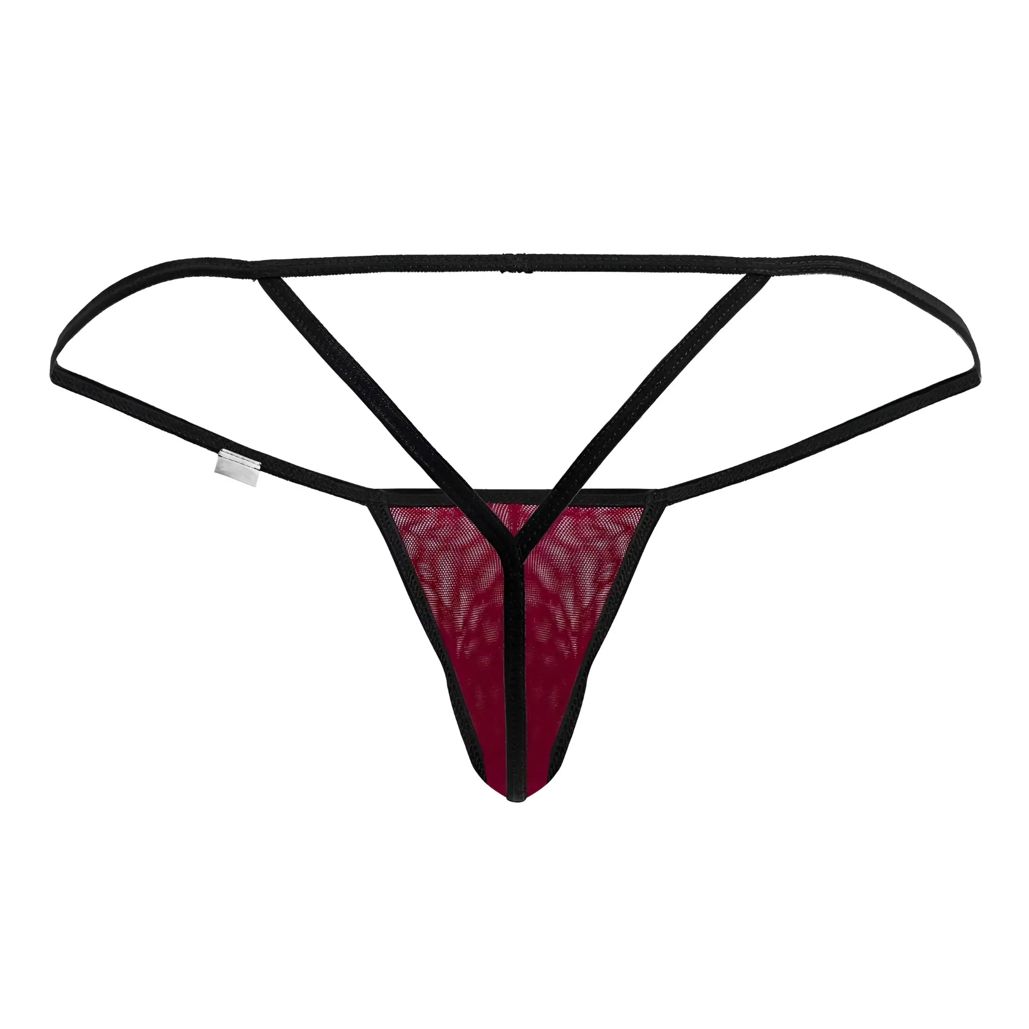 CandyMan 99795 mesh g-string thong in black and burgundy lace with mesh design showing front view