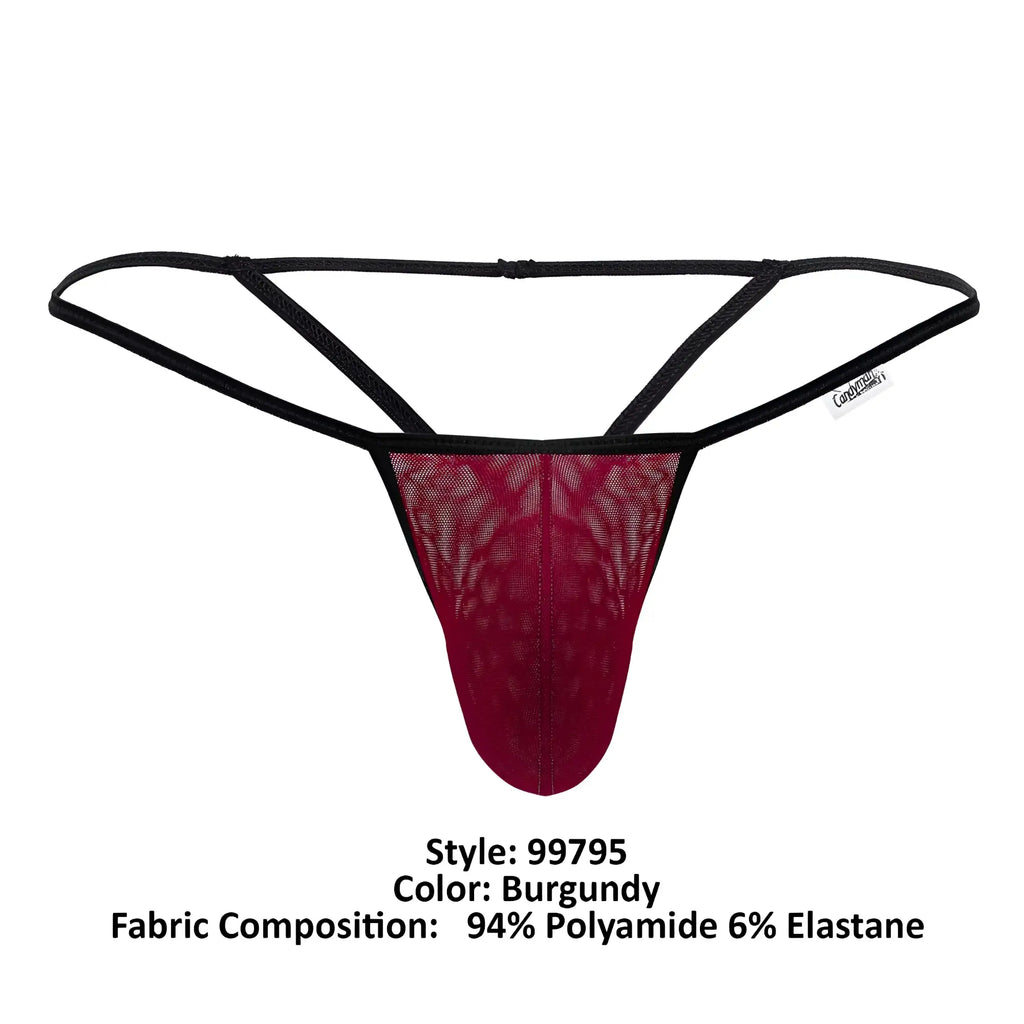 CandyMan 99795 burgundy lace mesh g-string thong with black elastic straps and subtle gradient effect