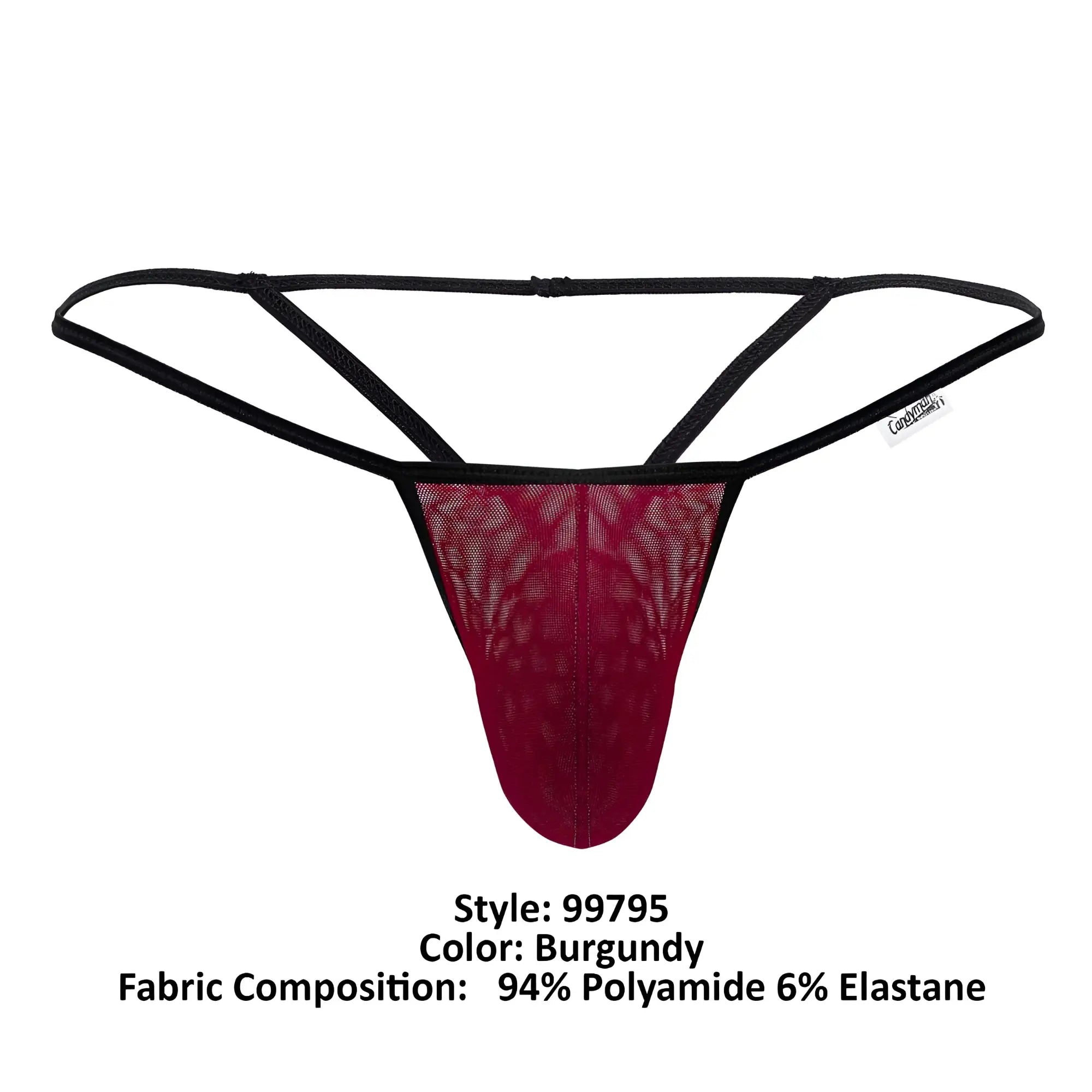 CandyMan 99795 burgundy lace mesh g-string thong with black elastic straps and subtle gradient effect