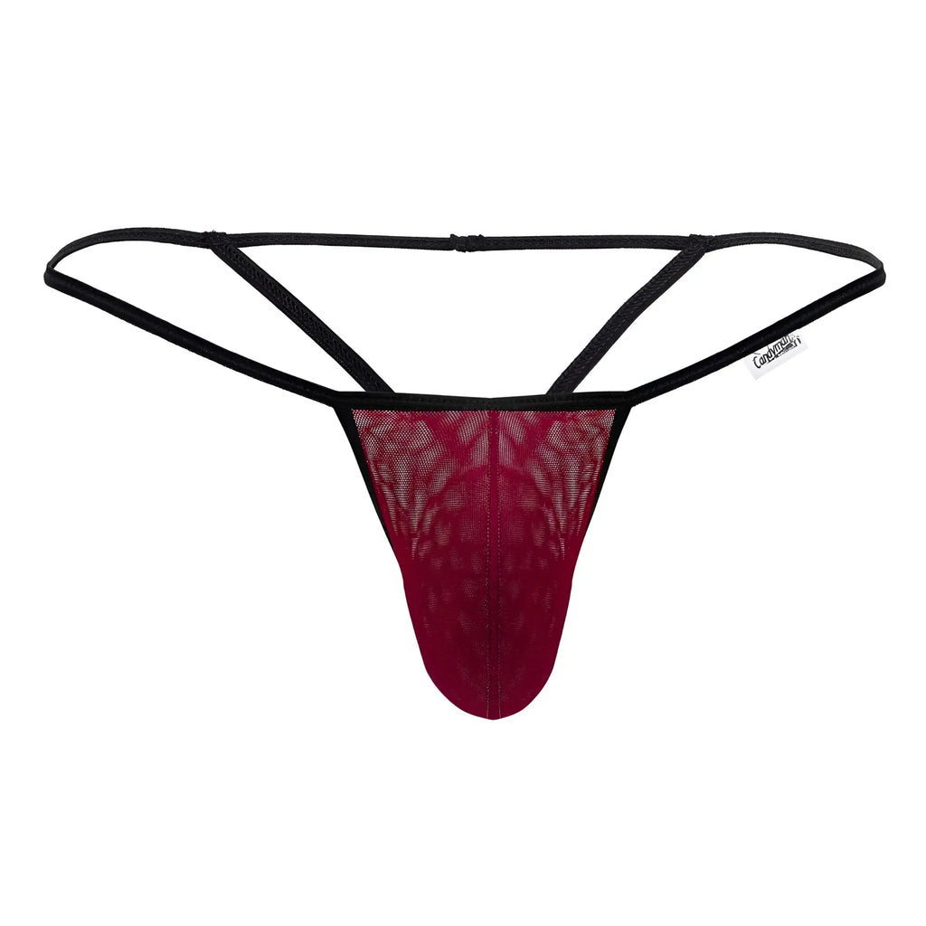 A candy man 99795 mesh g-string thong in burgundy with maroon lace and black elastic straps showing the back side