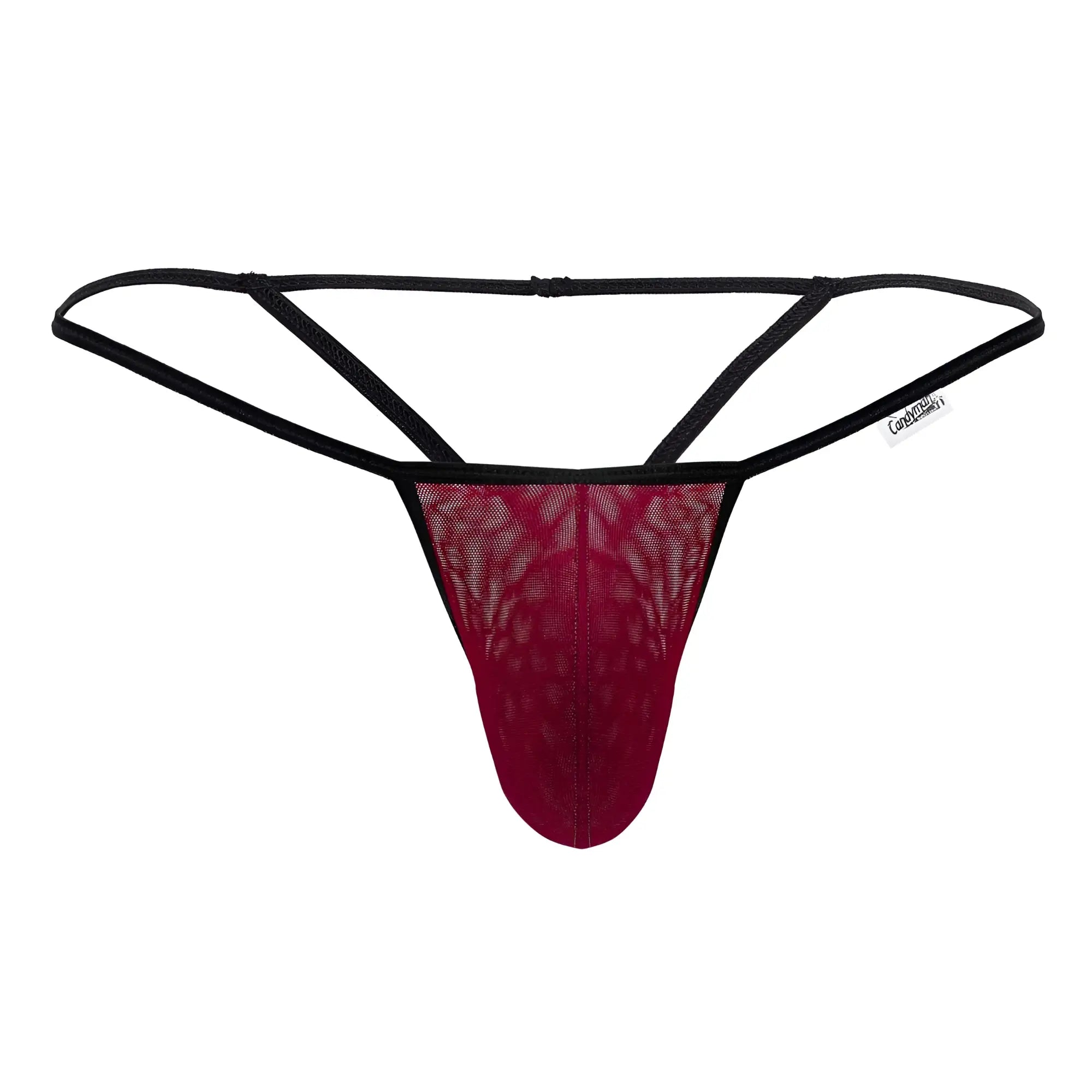 A candy man 99795 mesh g-string thong in burgundy with maroon lace and black elastic straps showing the back side