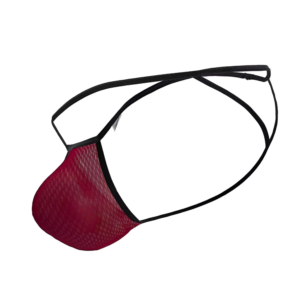 Red mesh CandyMan 99795 G-string thong in burgundy with black elastic straps showing the back side