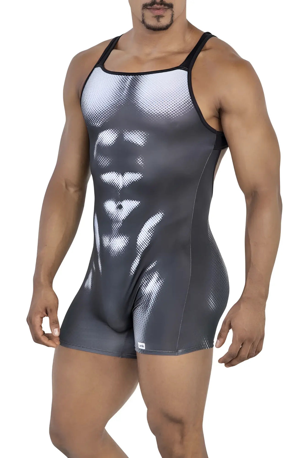 Black and white CandyMan 99796 muscle onesie bodysuit with halftone print of defined abdominal muscles
