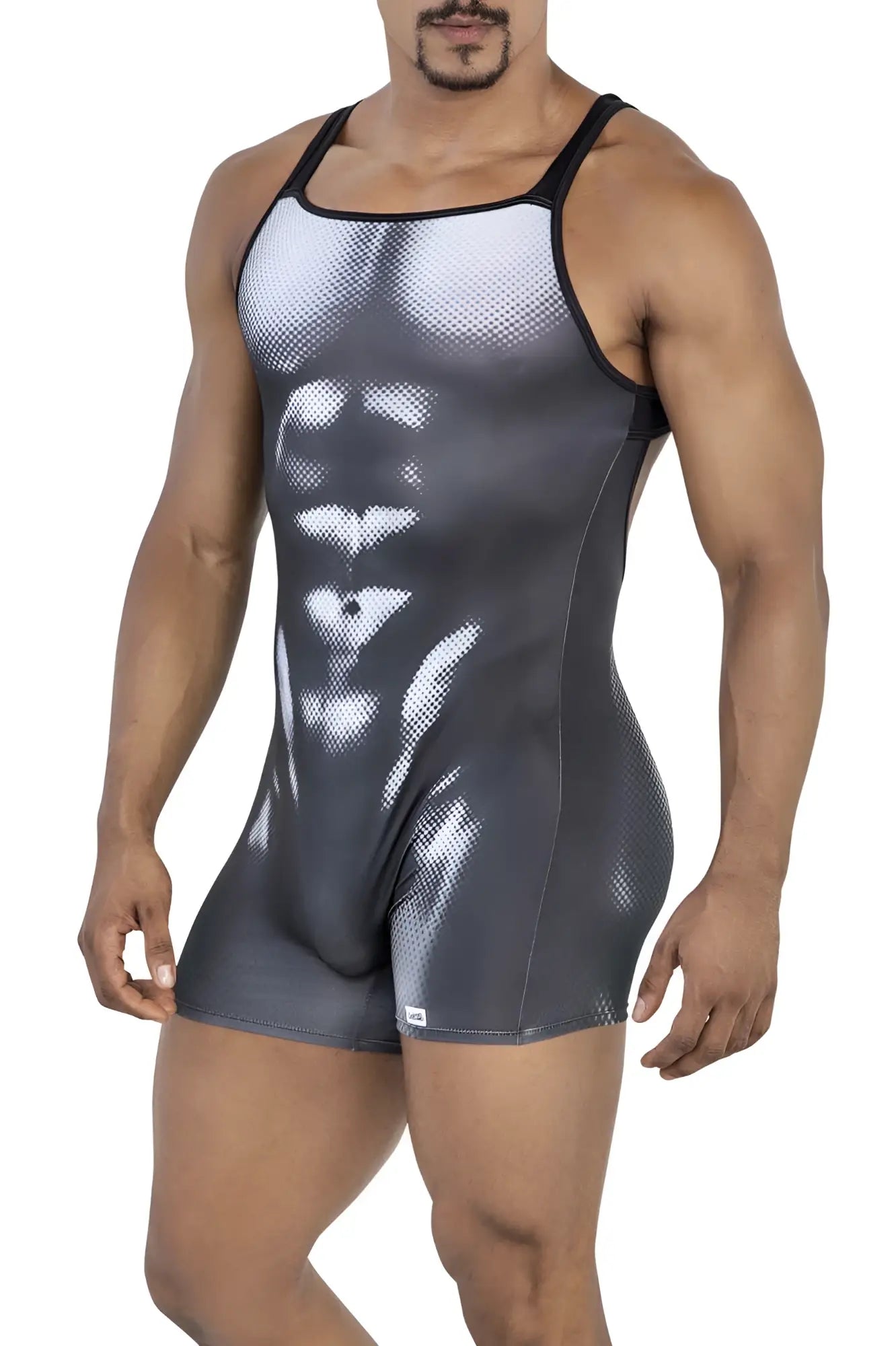 Black and white CandyMan 99796 muscle onesie bodysuit with halftone print of defined abdominal muscles