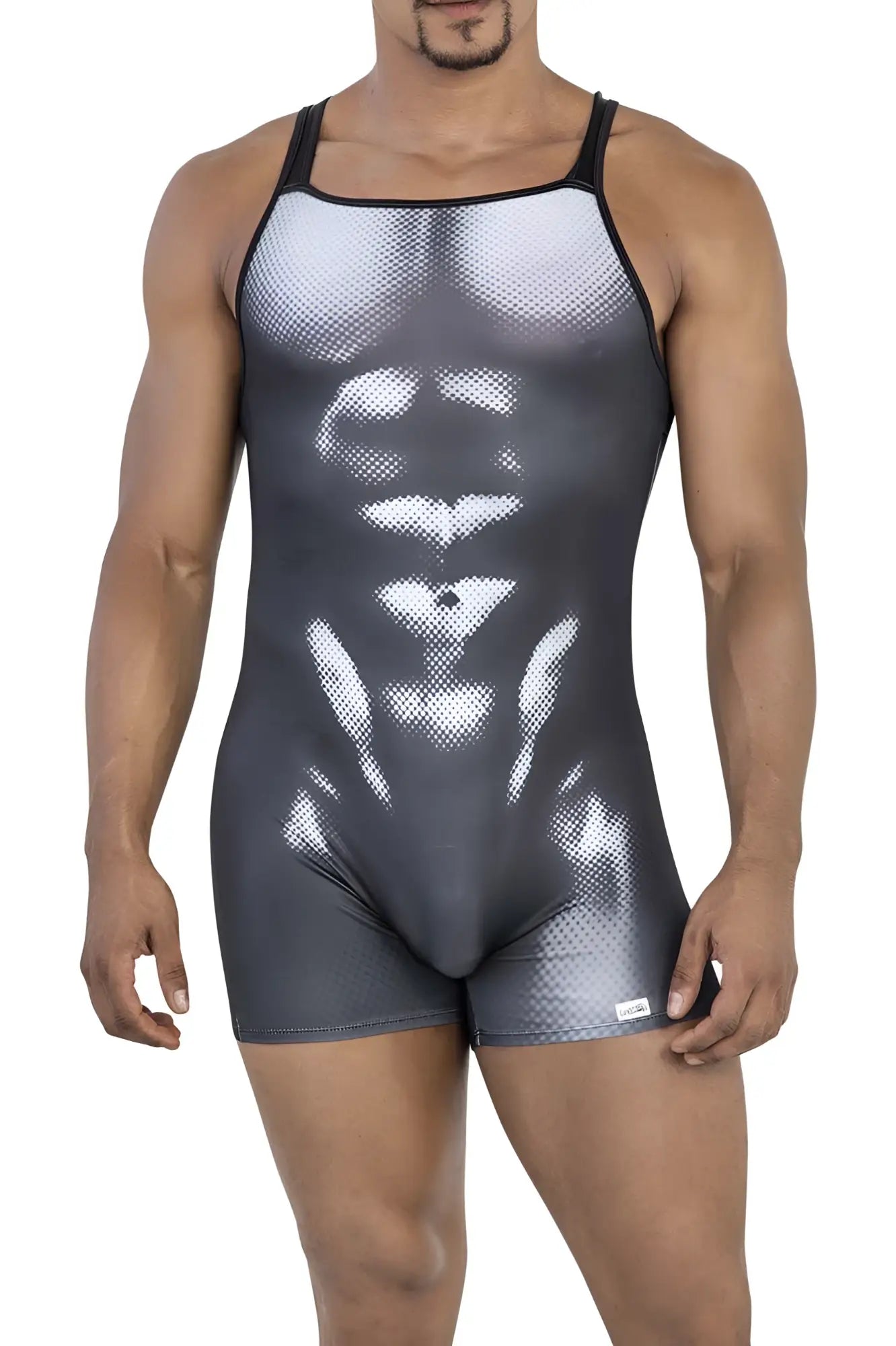 Black and white CandyMan 99796 muscle onesie bodysuit with detailed abdominal muscle graphic tank top design