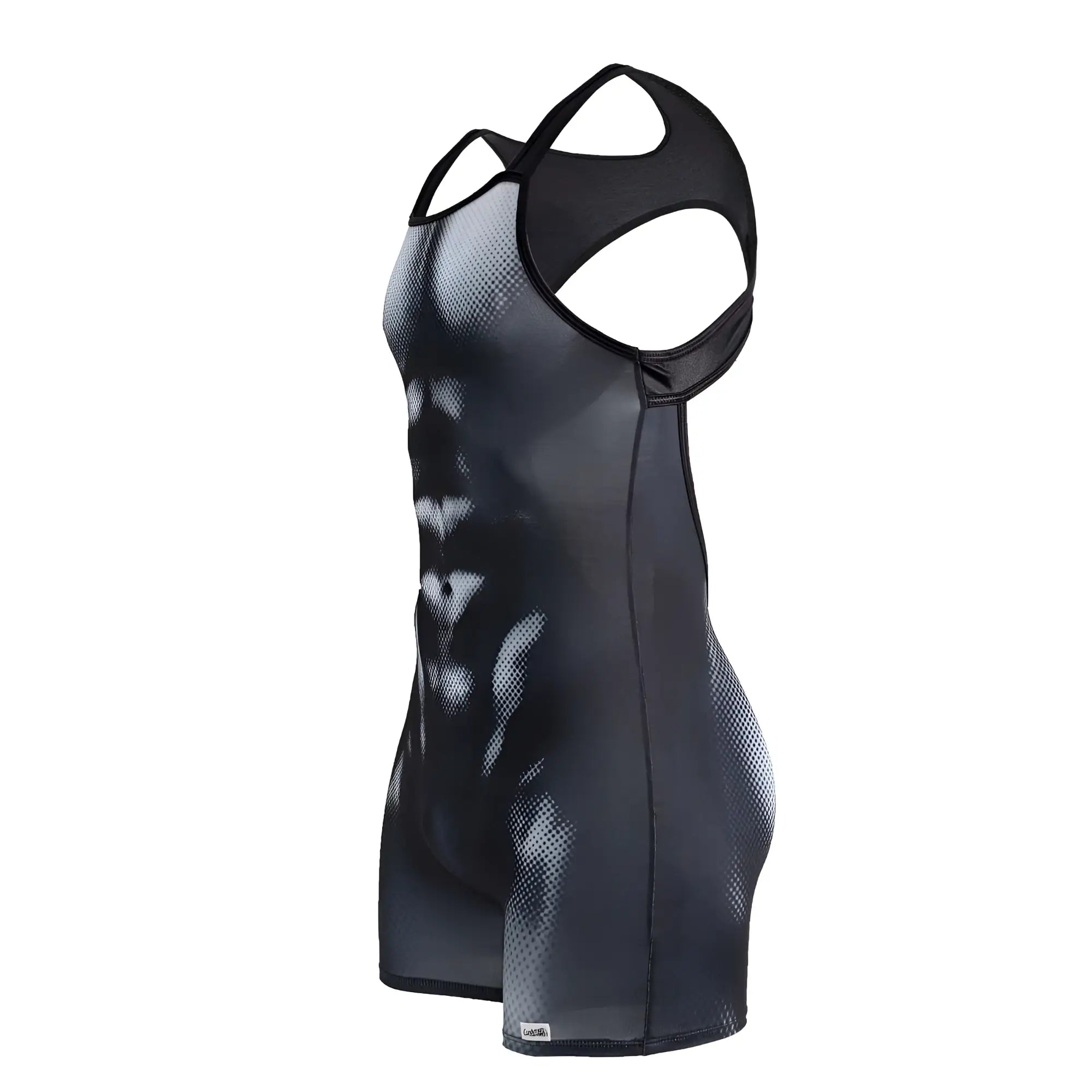 Black and gray CandyMan 99796 muscle onesie bodysuit with muscular torso graphic and breathable mesh panels