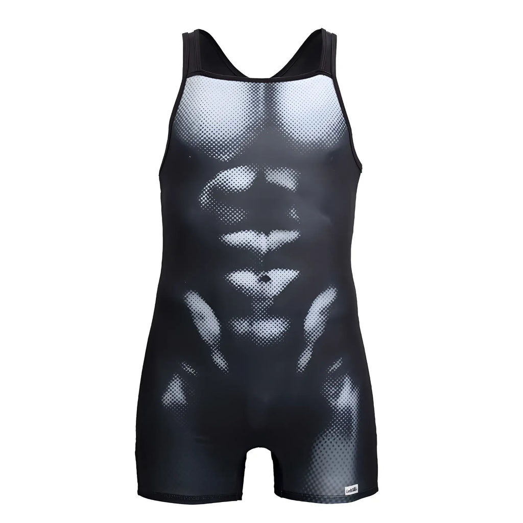 Black and white mesh-patterned candyMan 99796 muscle onesie bodysuit with detailed abdominal muscle design