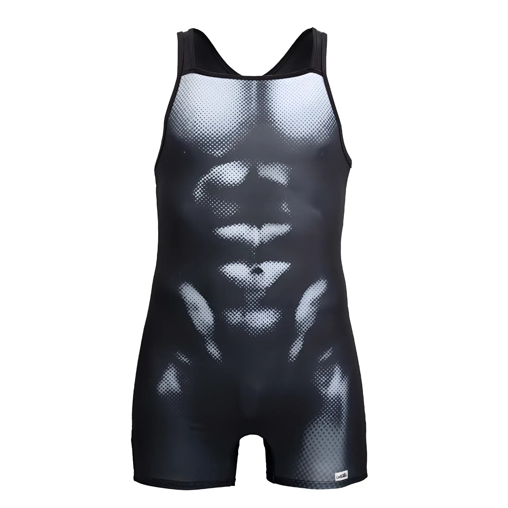 Black and white mesh-patterned candyMan 99796 muscle onesie bodysuit with detailed abdominal muscle design