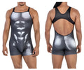 CandyMan 99796 muscle onesie bodysuit in black and silver gradient with detailed abdominal muscle print