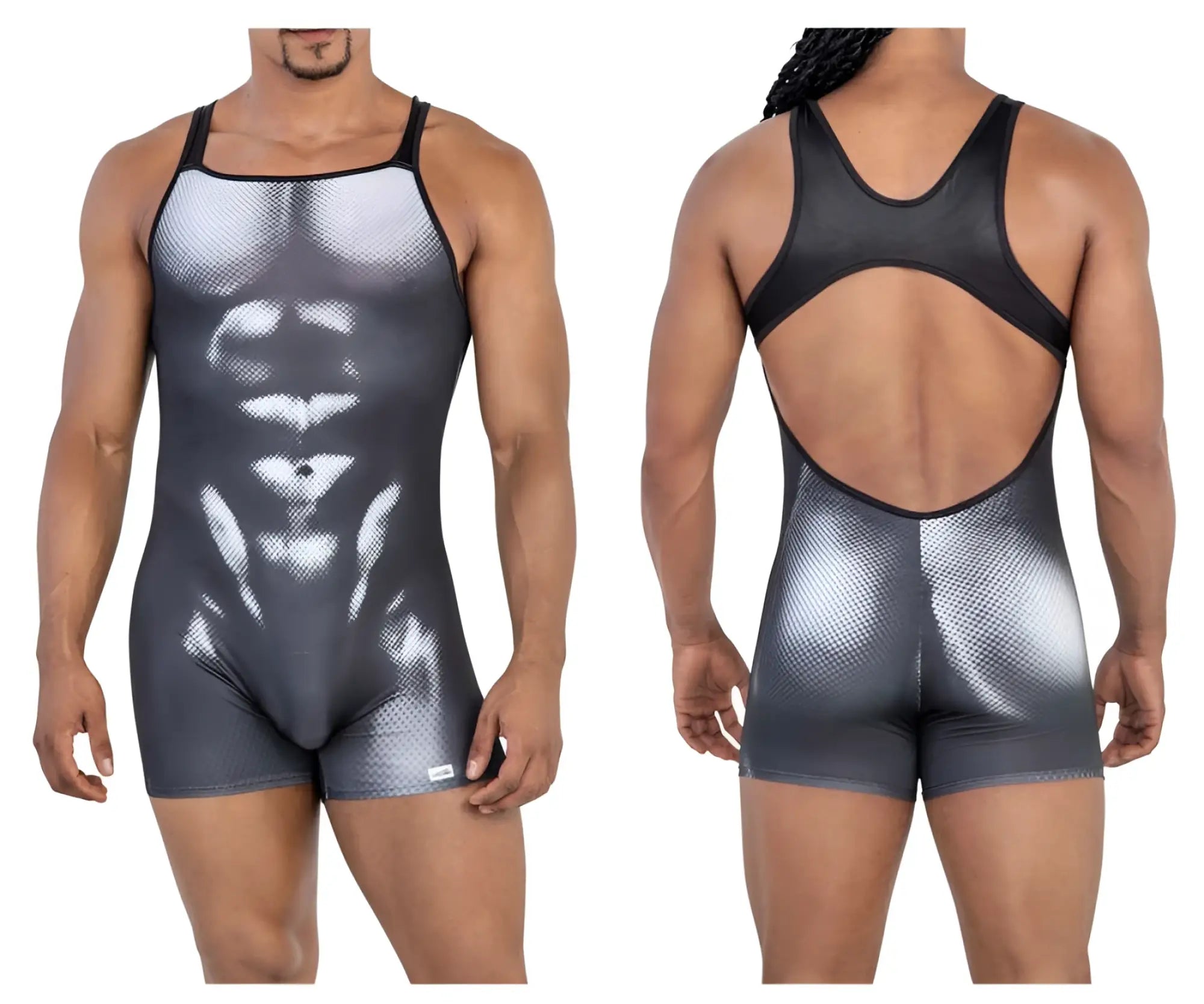 CandyMan 99796 muscle onesie bodysuit in black and silver gradient with detailed abdominal muscle print