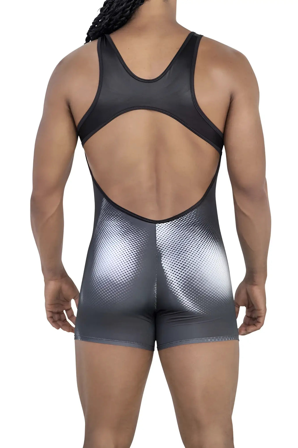Black and silver gradient wrestling singlet with mesh back panel candyMan 99796 muscle onesie bodysuit black-white back side
