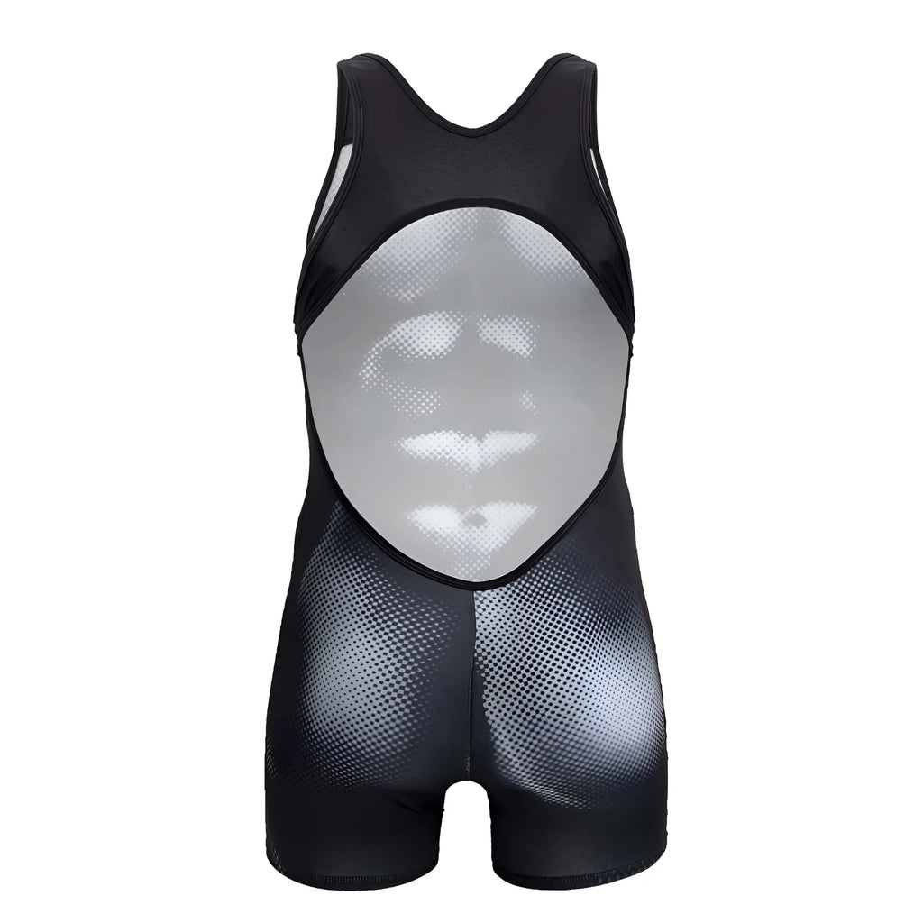 Black and silver mesh CandyMan 99796 muscle onesie bodysuit with reflective textured design on the torso