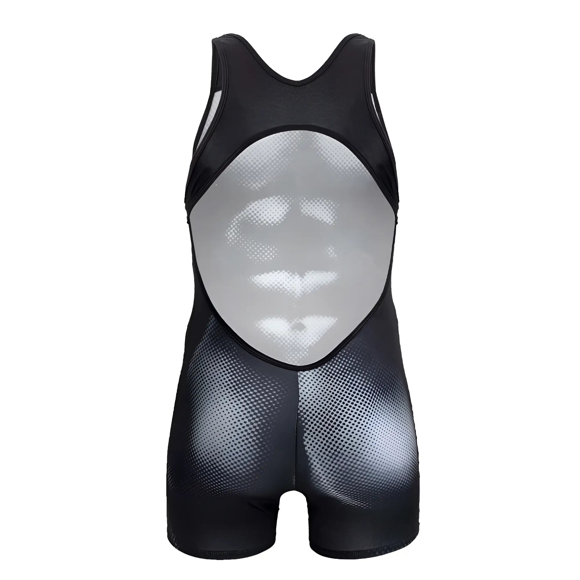 Black and silver mesh CandyMan 99796 muscle onesie bodysuit with reflective textured design on the torso