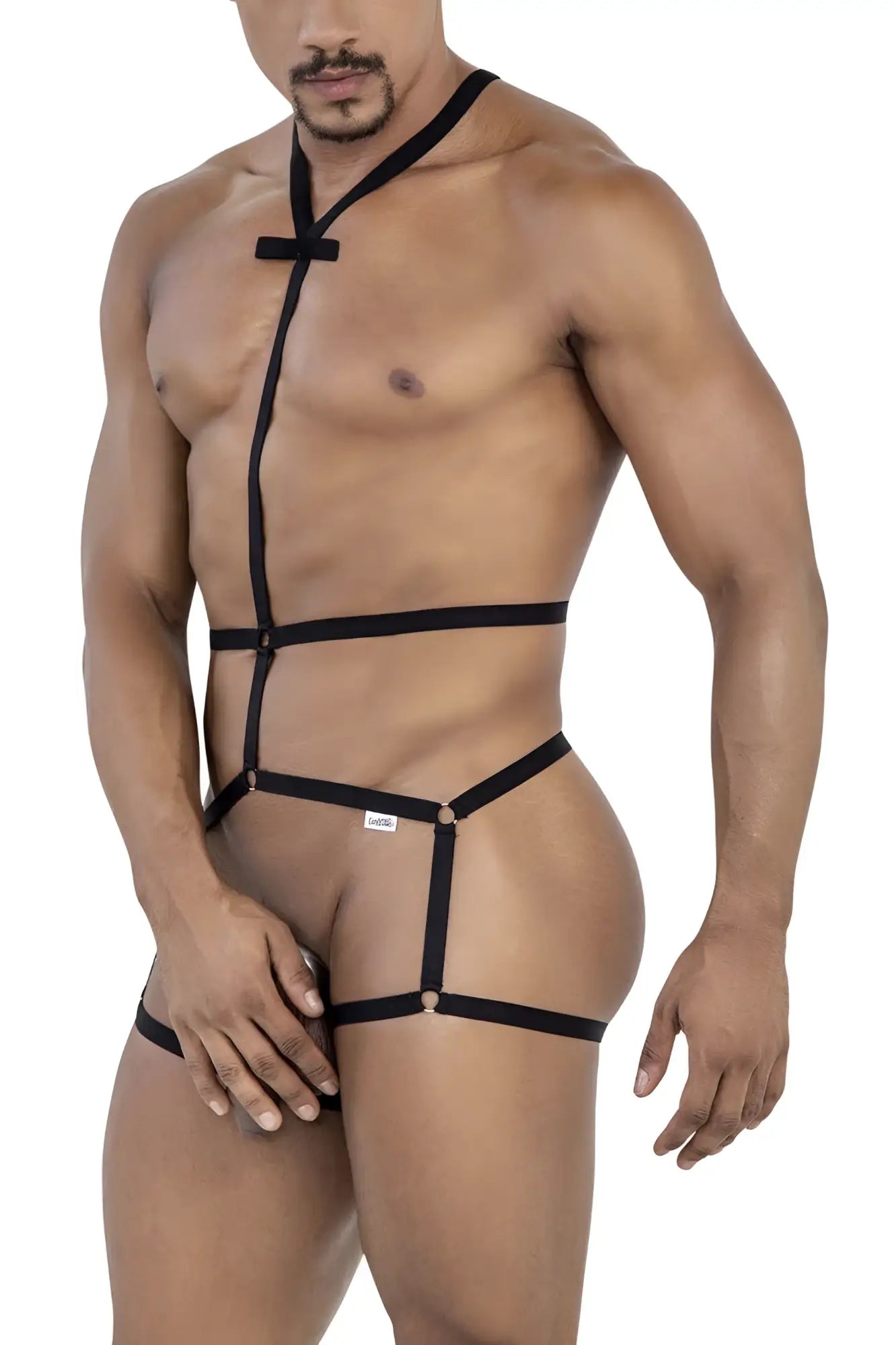 Black leather harness bodysuit candyMan 99797 with adjustable straps and metal clasps in black color