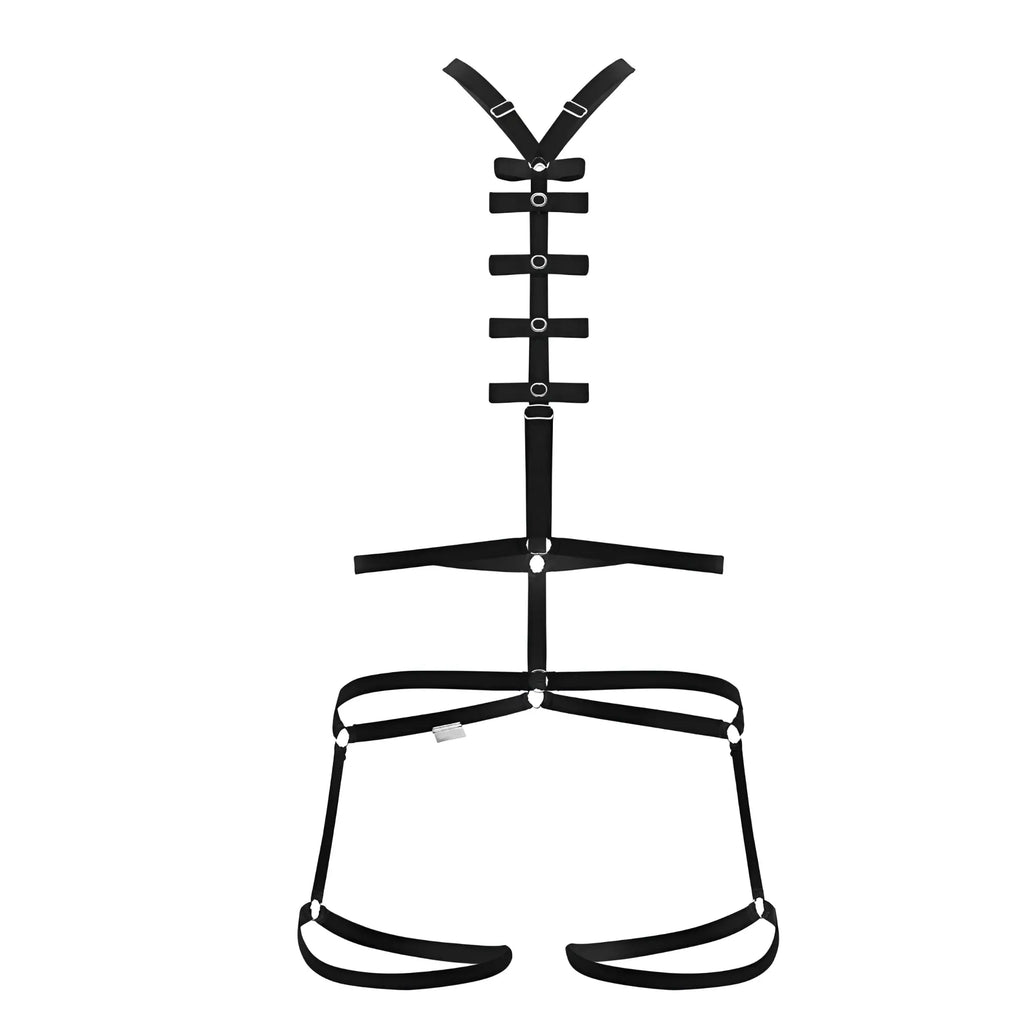 Black leather harness string bodysuit with adjustable straps and metal buckles from candyman 99797 collection