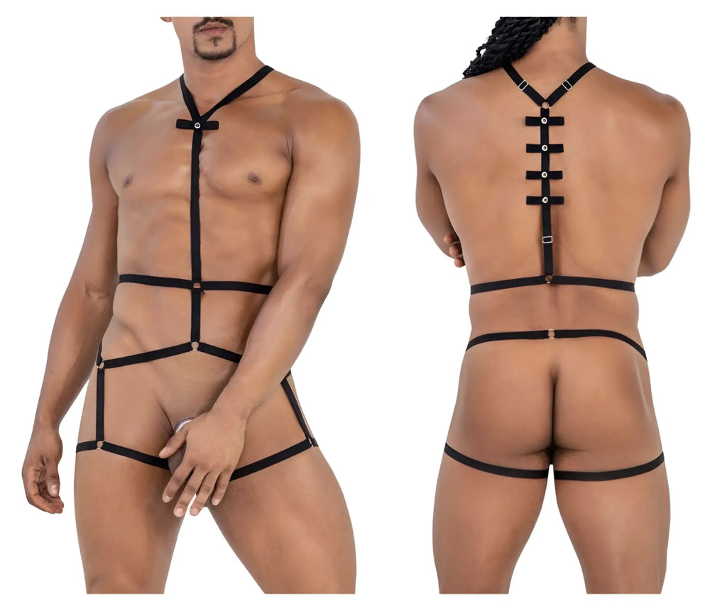 Black leather candy man 99797 string bodysuit with adjustable straps and silver toned metal clasps