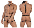 Black leather candy man 99797 string bodysuit with adjustable straps and silver toned metal clasps